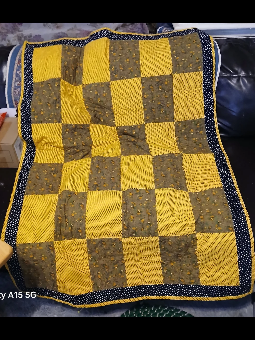 Hand Crafted Yellow and Olive Patchwork Quilt with Navy Polka Dot Border